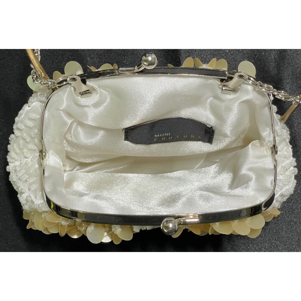 Moni Couture Gold / White Beaded Sequin Clutch Handbag w/ Silver Chain Mini Y2K - Picture 5 of 7